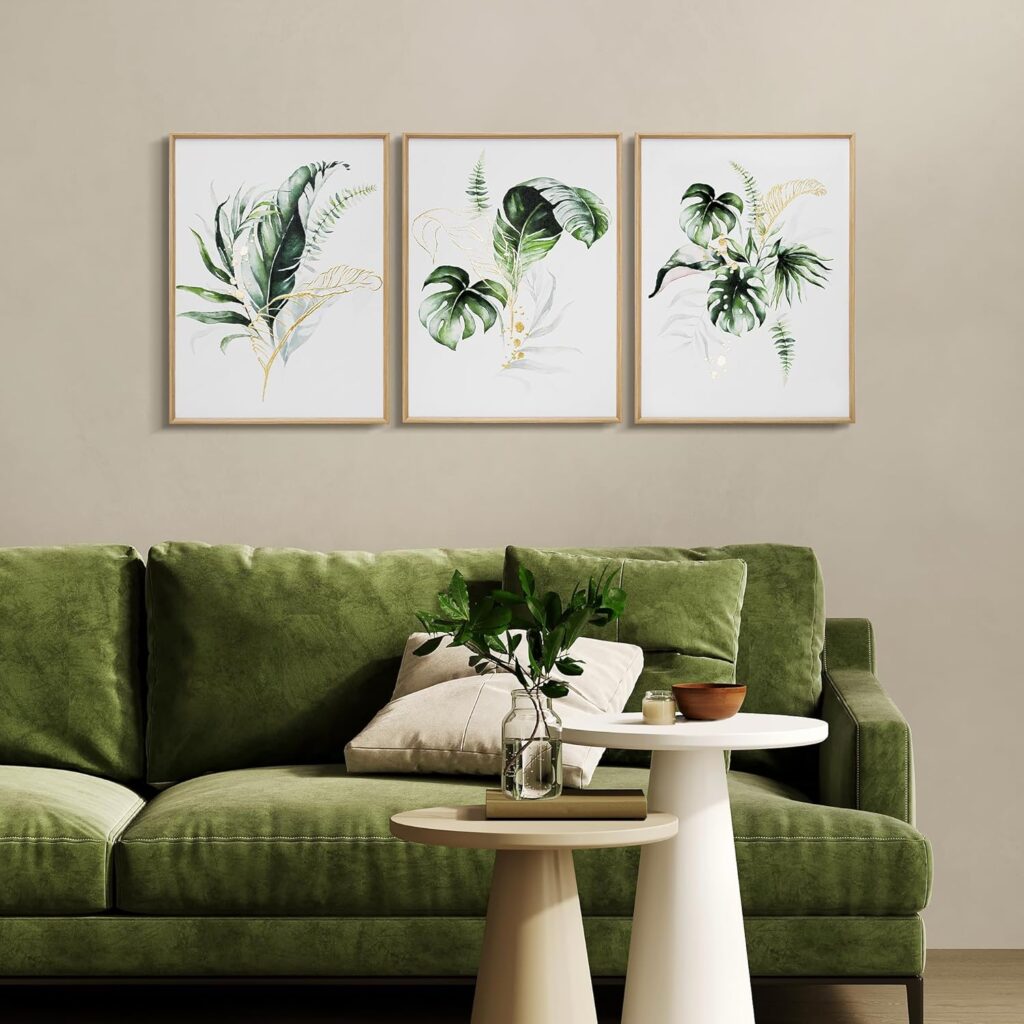 ArtbyHannah Framed Canvas Wall Art for Living Room Botanical Wall Art Gold Modern Wall Decor with Green Plant Pictures fo